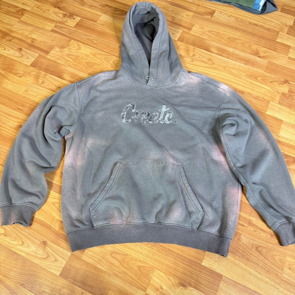 H&M Oversized Hoodie Upcycled Bleached Rhinestone Large Gray "Create"